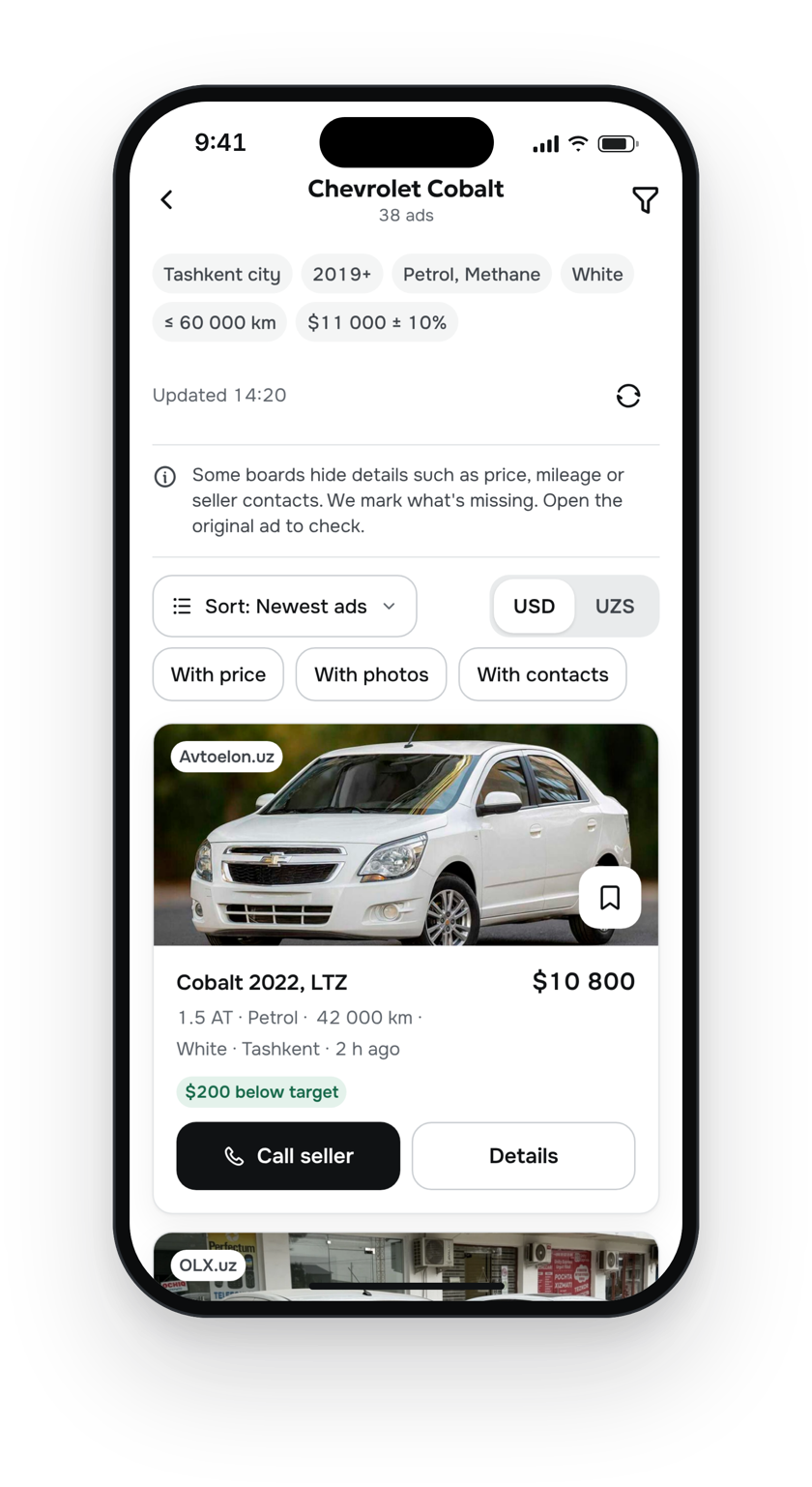autohome.uz app: Car Finder results for a Chevrolet Cobalt from several ad platforms