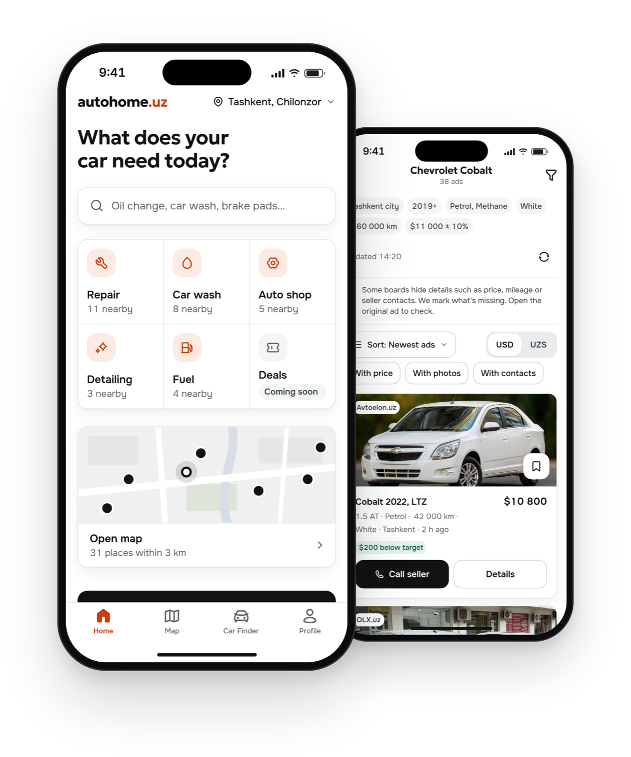 autohome.uz app: the home screen with place types and a nearby map, next to Car Finder results for a Chevrolet Cobalt