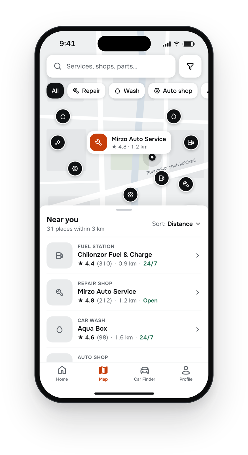 autohome.uz app: map of car services nearby with the closest places listed below